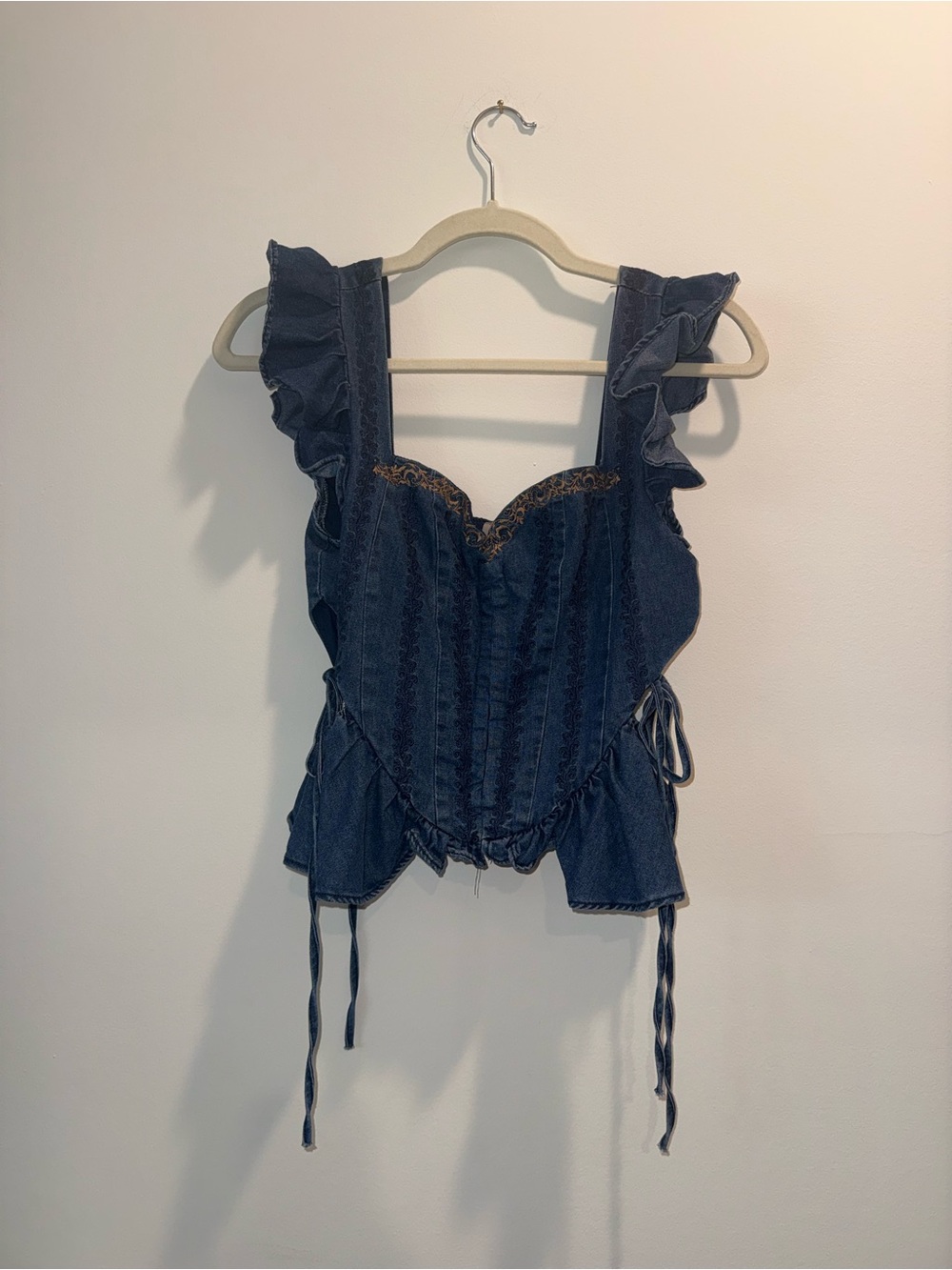 Ruffle Strap Denim Corset Tank Top - Dark Blue